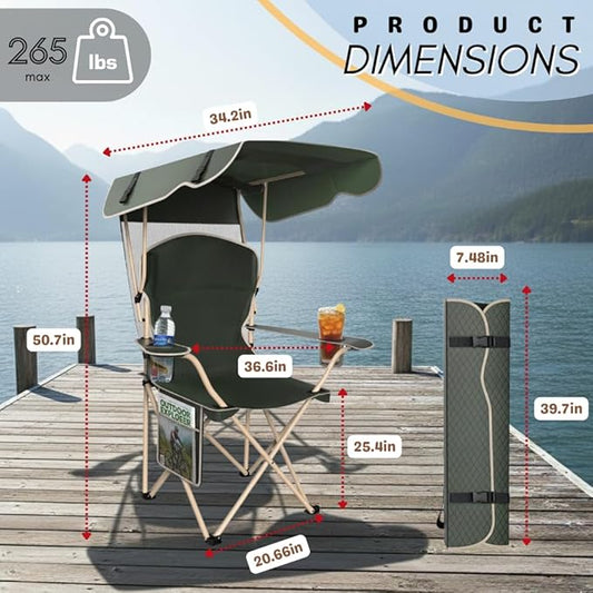 Portable Folding Camping Chairs with Canopy Shade, Beach Chair for Adults, Durable Weather Resistant 600D Oxford Cloth, Camping Chair with Canopy for Outdoors [Olive Green]