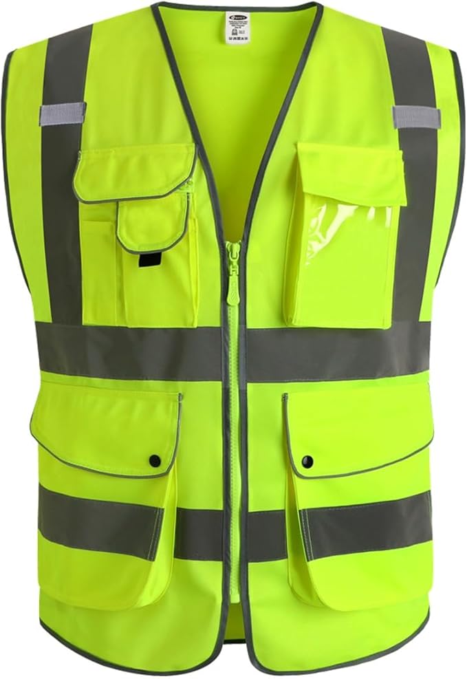 JKSafety 20 Pack 9 Pockets Class 2 High Visibility Zipper Front Safety Vest With Reflective Strips,Meets ANSI/ISEA Standard (X-Large, 156-Yellow)