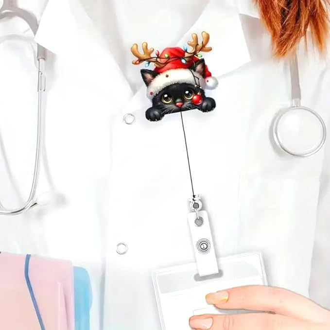 Black Cat Badge Holder Christmas Badge Reel Retractable Badge with Alligator Clip Cute Cat Light Strings Antlers ID Badge Holder Xmas Acrylic Badge Clips for Nurses Nursing Students Teachers Office