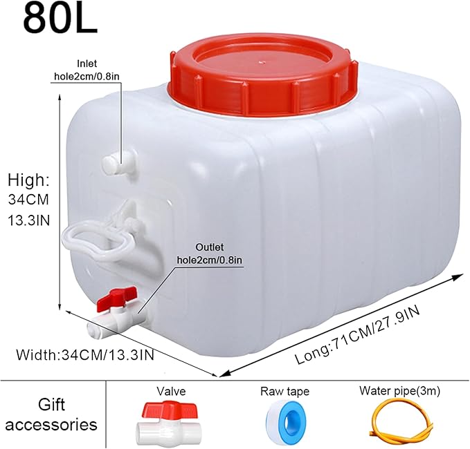 Water Container 6.6-52.8 Gallon Water Storage Tank Heavy Duty Water Carrier with Spigot and 3m Hose Food Grade Plastic Water Bucket for Camping RV Camping Outdoor Hiking Travel(Size:80L/21.1Gal)