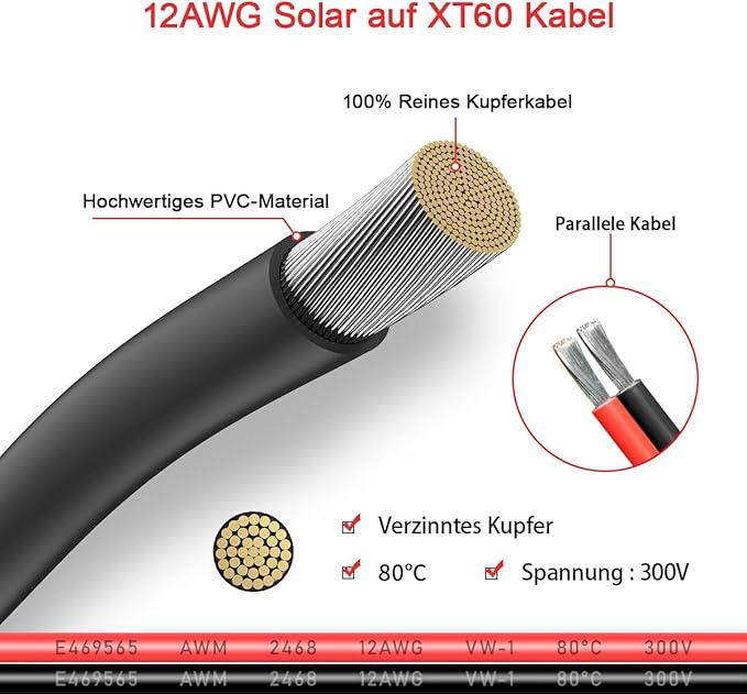 12AWG 2FT XT60 Solar Cable 2 10 25 35 50 75 100FT XT60 Extension Cable Solar Panel Connector to XT60 Connector for Portable Power Station (2FT)