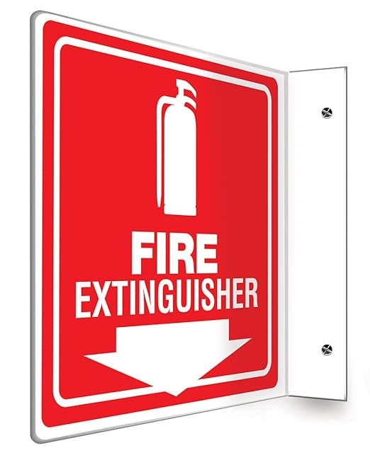 Accuform Fire Extinguisher 90D Projection Sign, 8"x8" High-Impact Plastic with Pre-Drilled Mounting Holes, Made in USA, PSP729