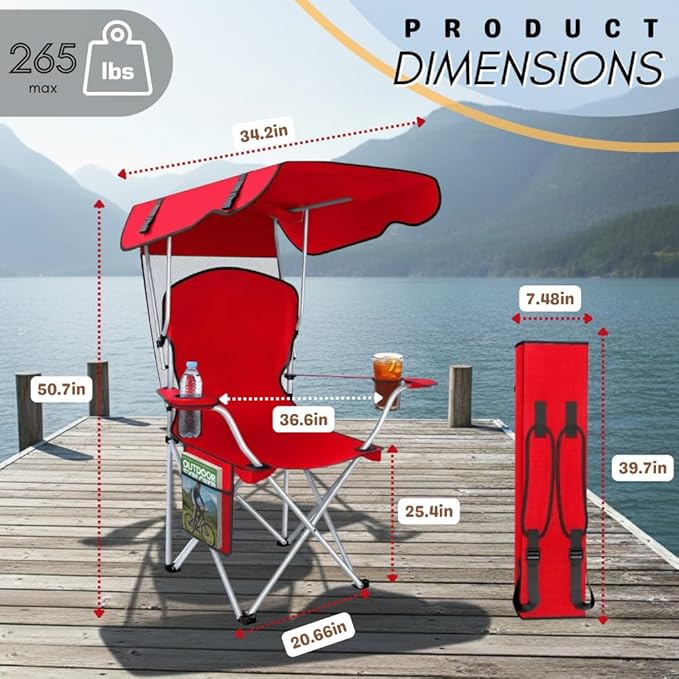 Portable Folding Camping Chairs with Canopy Shade, Beach Chair for Adults, Durable Weather Resistant 600D Oxford Cloth, Camping Chair with Canopy for Outdoors [Red-2 Pack]