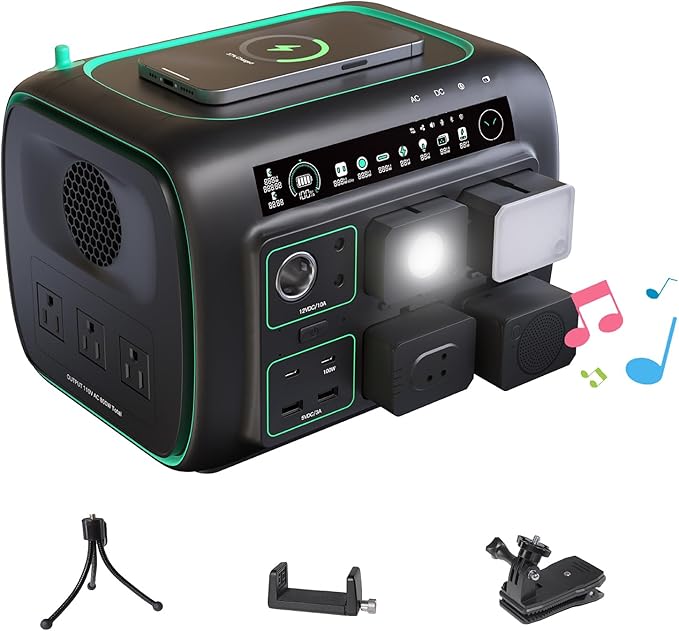 Portable Power Station, with Snap-on Light, Speaker & Charger, 800W Solar Generator, 512Wh Outdoor Power supply for Camping RV hiking, 100W USB-C Output, 3 AC Outlets