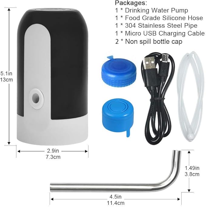 CHIVENIDO 5 Gallon Water Dispenser - Water Bottle Pump with Reusable Caps for Screw Top or Crown Tops, USB Charging Water Jug Dispenser for Universal 2-5 Gallon Bottle