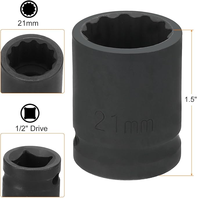 HARFINGTON 12-Point Impact Socket 1/2 Inch Drive 21mm Metric Cr-V Shallow Impact Socket Nut Driver Wrench for Auto Repair
