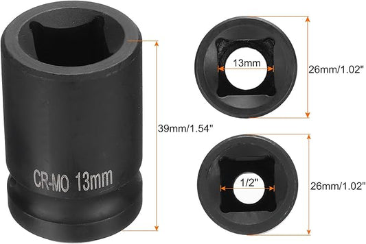 HARFINGTON 4 Point Square Socket 1/2" Drive 13mm Metric Square Impact Socket CR-MO Blackening Standard Wheel Sockets Pneumatic Socket Tool for Auto Repair Mechanical Maintenance Home Use