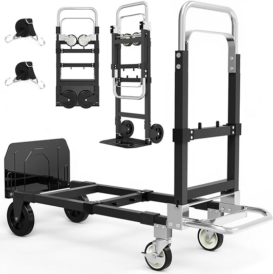 3-in-1 Heavy Duty Folding Hand Truck, 500LB Capacity Convertible Steel Dolly Cart with 360° Swivel Wheels & Telescopic Handle, Foldable Utility Wagon for Moving, Warehouse and Shopping