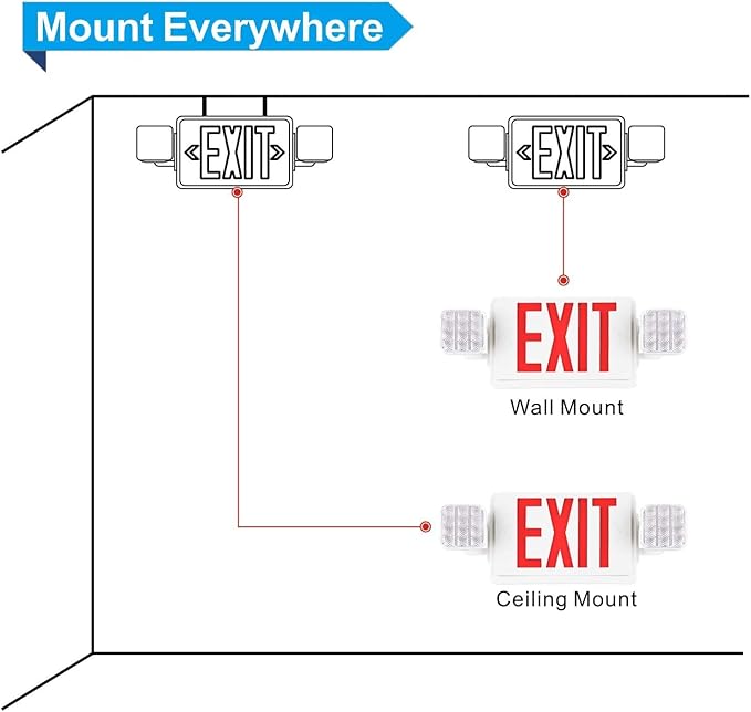 6 Packs Red Exit Sign with Emergency Lights, LED Emergency Exit Light with Battery Backup, UL Listed, AC 120/277V, Commercial Emergency Lights Combo for Business/Home.
