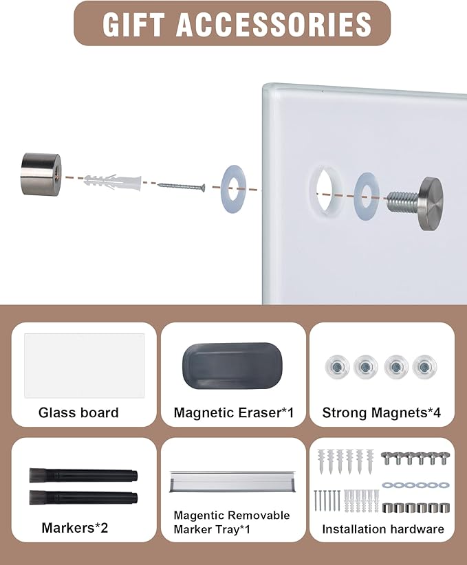 Mifuro Magnetic Glass Whiteboard，48"x36" Wall Mounted Frameless Dry Erase Board for Office, Home & School Ultra White