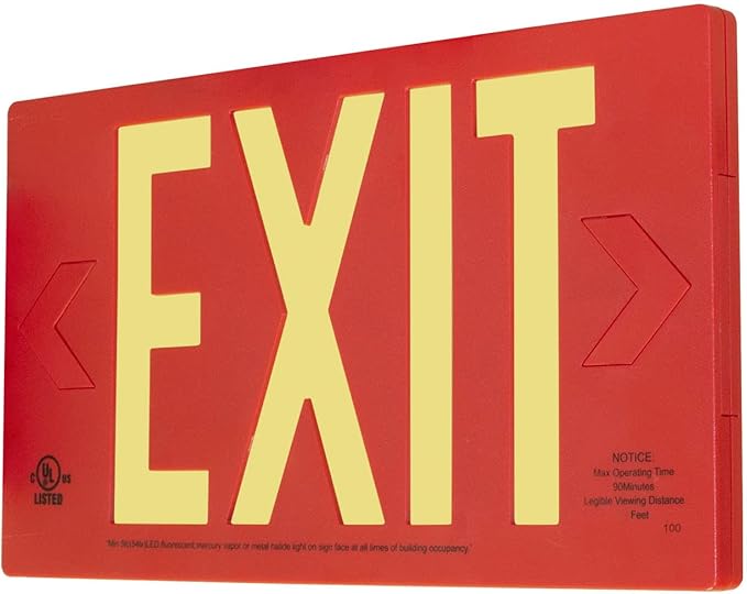 LFI Lights® UL 924 Listed 50’ Photoluminescent Exit Sign, Red Thermoplastic Housing, Single-Sided, Wall, Ceiling or Side Mount, Optional Arrows, Glow in the Dark, No Power or Battery Needed, PA3R50S