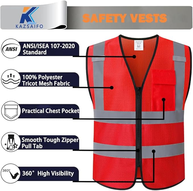 Hi Vis Safety Vest for Men Women,Mesh High Visibility Construction Work Vest Reflective with Chest Pocket and Zipper Front,Meets ANSI/ISEA Standard (KZ179-Red-XL)