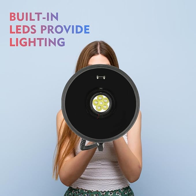 50w Megaphone with LED, Siren, 240s Recording & USB/3.5mm AUX/Bluetooth Input - Rechargeable Battery, for Police, Cheerleading, Rescue, Outdoor(Black)