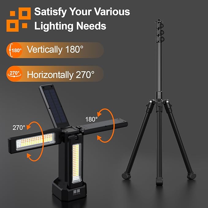 13200mAh Rechargeable Solar Work Light with Folding Stand and Carrying Bag, AODOO 8000 Lumen Stepless Dimmable , White/Warm/Nature White/RED(SOS) with Detachable Tripod (Black)