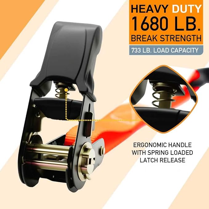 Ratchet Straps Heavy Duty 4-Pack - 1''x 15' (1,680lb Break Strength) - Motorcycle Straps Tie Downs with Safety S Hooks -Cargo Straps for Moving, Appliances, Motorcycle, Trucks, Car - Orange