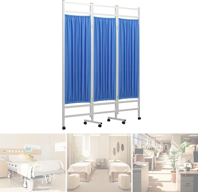Medical Privacy Screen on Wheels, Foldable Medical Room Divider with Lockable casters, Waterproof Nylon Panel, Portable Privacy Screen for Room, Easy to Clean (Blue 3 Panels)