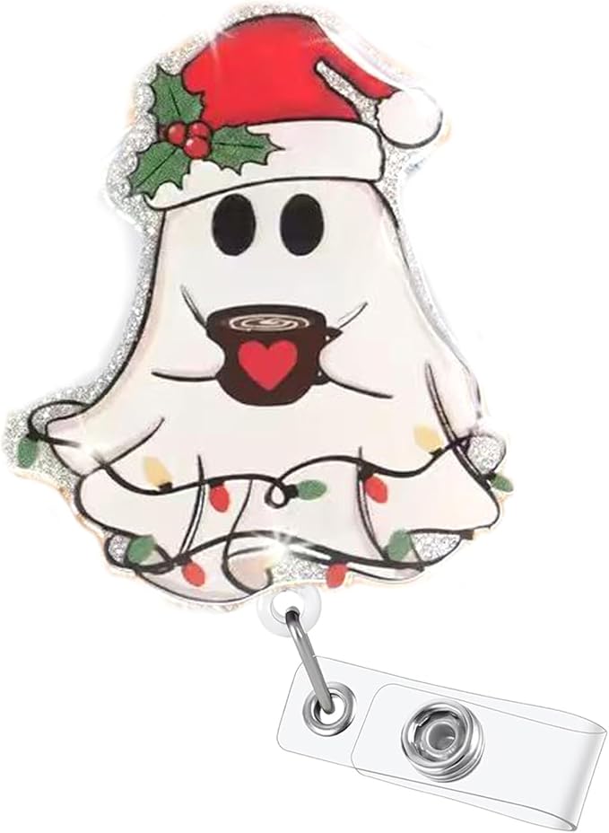 Christmas Heart Ghost Badge Reel Winter Holly Badge Holder with Acrylic Alligator Clip Cute Gifts for Nurse Nursing Medical Worker & Teacher Student Name Tag Decor | with 24” Durable Nylon Cord