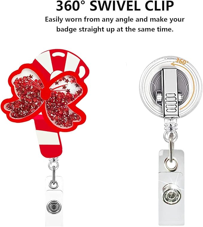 Red Christmas Cane Badge Reel Cute Candy Canes Badge Holder Retractable ID Card Clip Quicksand Sequins Badge Reels Nurse Name Tag Holder Acrylic Xmas Badge Reel Clip for Doctor Student Teacher Office