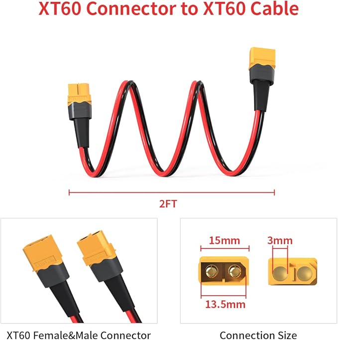 12AWG 2FT XT60 Extension Cable 2 6 10 20 35 50 75 100FT XT60 Female to Male Connector for RC Battery Portable Power Station Solar Panel(2FT)