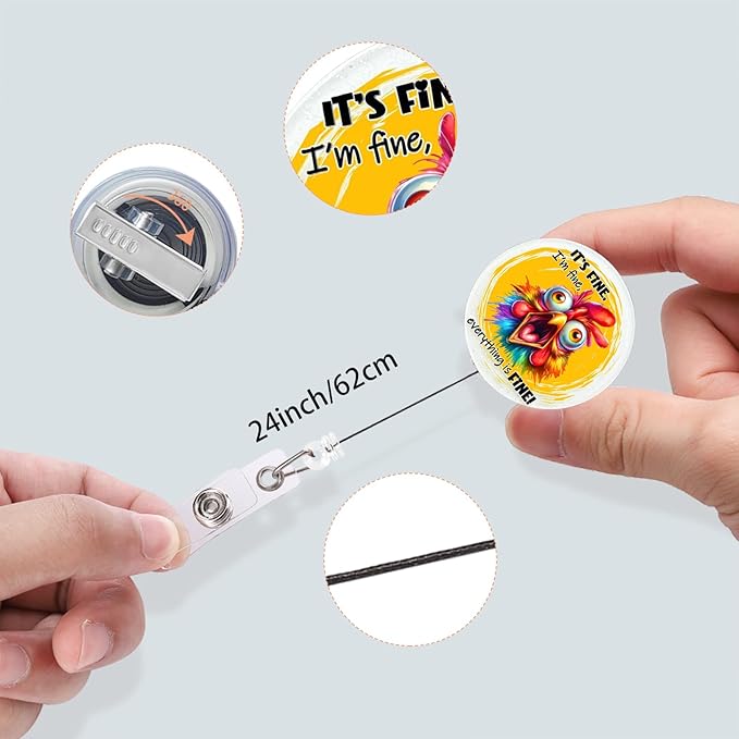 Funny Chicken Badge Clips Retractable, It's Fine Badge Buddy with Alligator Clip, Glitter Cute Badge Reel for Scholl Nurse Teacher Office Worker (Chicken)