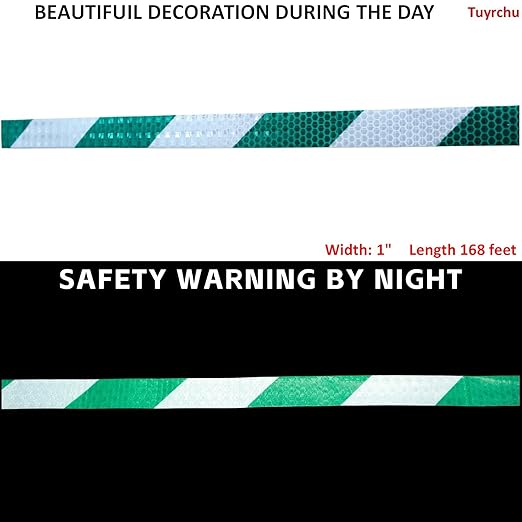 Green and White Reflective Tape Outdoor Waterproof 1 inch X 168 feet, High Visibility Hazard Conspicuity Industrial Marking Tape