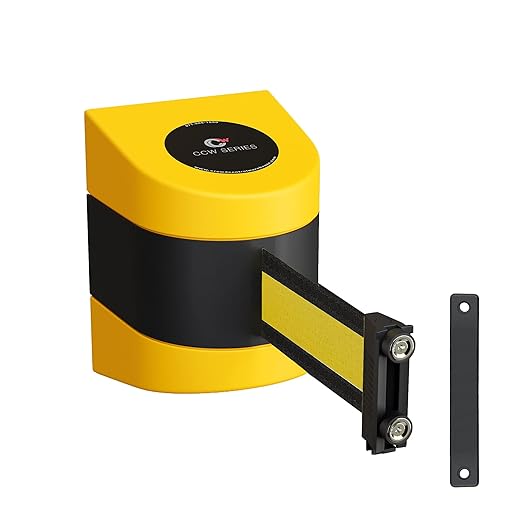 Crowd Control Warehouse - CCW Series WMB-220 Magnetic Wall Mount Retractable Belt Barrier - 15 Foot, Black with Yellow Horizontal Stripe Belt with Yellow ABS Case