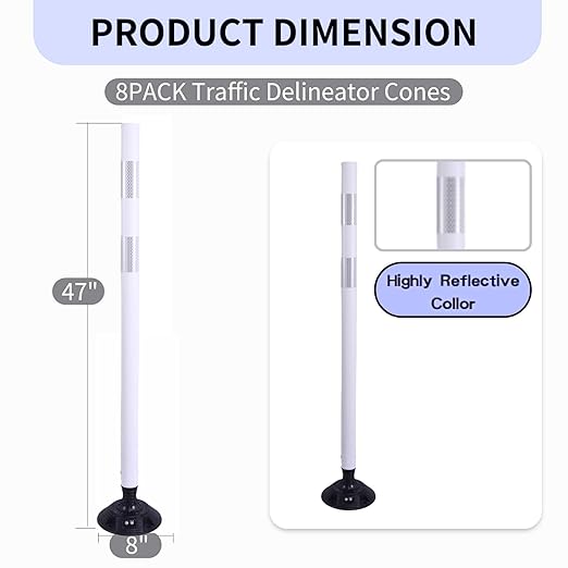 BESEA 8PCS 48" Traffic Delineator Posts with Detachable Base & High-Visibility Reflective Collars,White Durable Flexible Safety Cones for Work Zones, Parking Lots, and Roadways