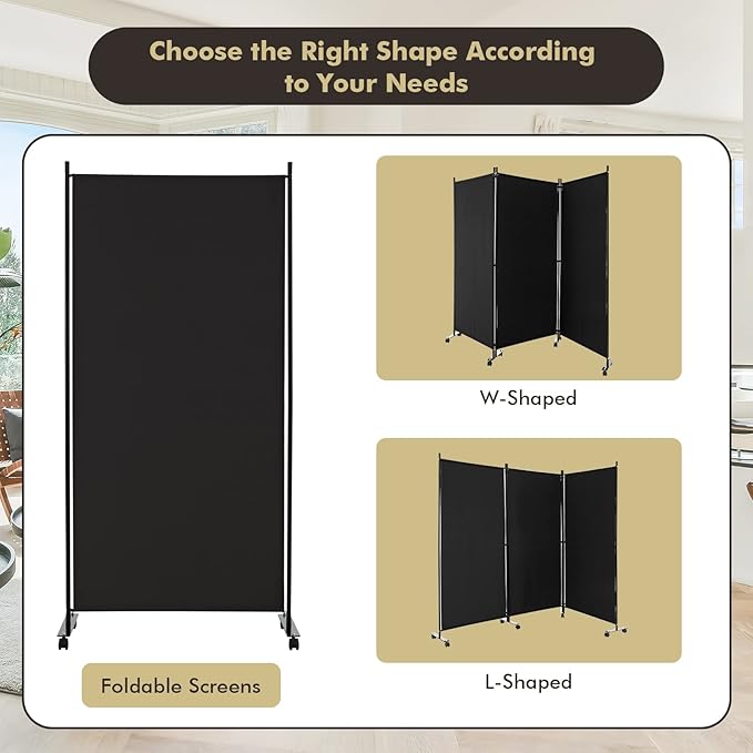 Giantex 3 Panel Room Divider with Wheels, 103''W x 71''H Folding Privacy Screen, Rolling Partition Room Dividers for Home Office Studio, Freestanding Fabric Wall Divider for Room Separation, Black