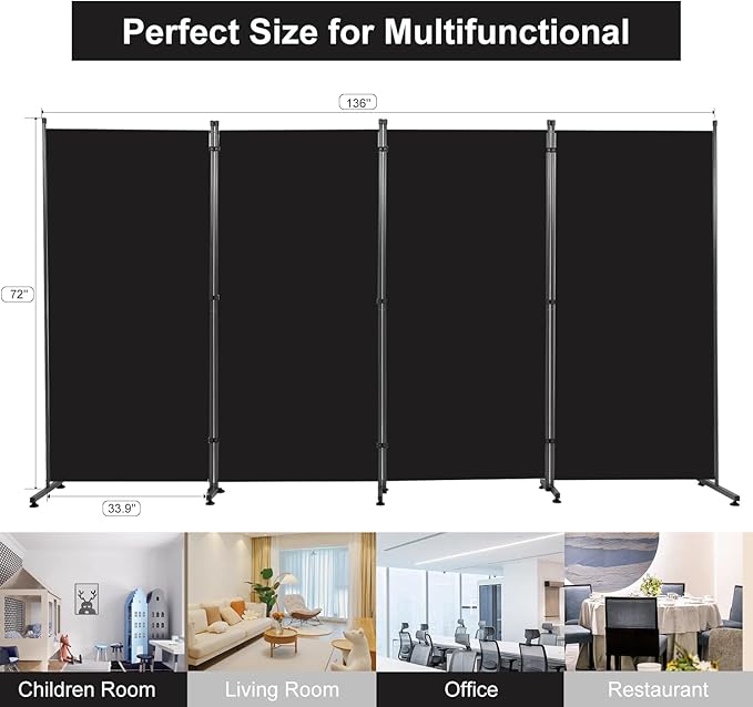 Room Divider 6FT Folding Privacy Screens, 4 Panel Partition Room Dividers w/Freestanding Design, Portable Wall Divider for Room Separtation, Fabric Screen Panel for Home Office Bedroom Dorm