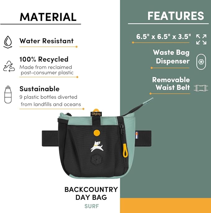 OllyDog Backcountry Day Bag | Hands-Free Dog Training Treat Pouch | Fanny/Hip Pack with Zipper Closure & Built-in Poop Bag Dispenser | Removable Waist Clip (Surf)