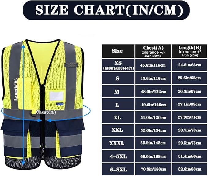 A-SAFETY Protective Reflective Safety Vest Workwear, 7 Pockets Hi Vis Durable Vest with Reflective Tapes, 4 Lower Pockets, Yellow&Navy, XL