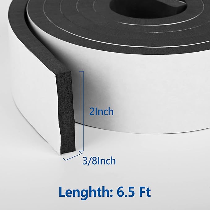 Kikerike Self Adhesive Foam Tape Weatherstrip 2In x 3/8In x 6.5Ft High Density Foam Insulation Strips Seal Weather Stripping with Strong Adhesive for Door and Window Sound Isolation Soundproofing