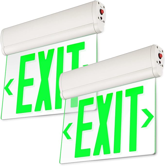 LEONLITE Green Emergency Exit Sign, UL 924, LED Edge Lit Exit Sign, Hardwired Exit Lights with Battery Backup, Double Sided, Rotating Acrylic Clear Panel, Top/Side/Wall Mount, AC 120/277V, Pack of 2
