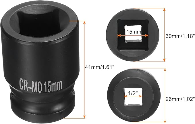 HARFINGTON 4 Point Square Socket 1/2" Drive 15mm Metric Square Impact Socket CR-MO Blackening Standard Wheel Sockets Pneumatic Socket Tool for Auto Repair Mechanical Maintenance Home Use