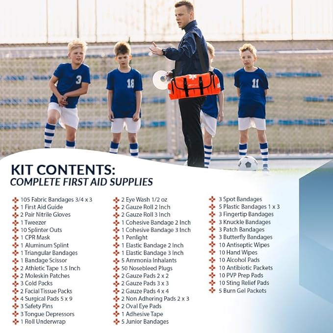 MFASCO Sports First Aid Kit Bag – 326-Piece Athletic Medical Kit in Orange EMT Bag, Coach's First Aid Kit for Youth Sports, Soccer, Football, Emergency Sports Kit Supplies for Athlete Sports Injuries