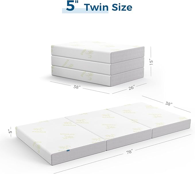 Inofia Twin Folding Mattress, 5 Inch Trifold Memory Foam Mattress with Soft Removable Cover - for Camping, Guest, and Floor Bed - Twin Size (78" x 38" x 5")