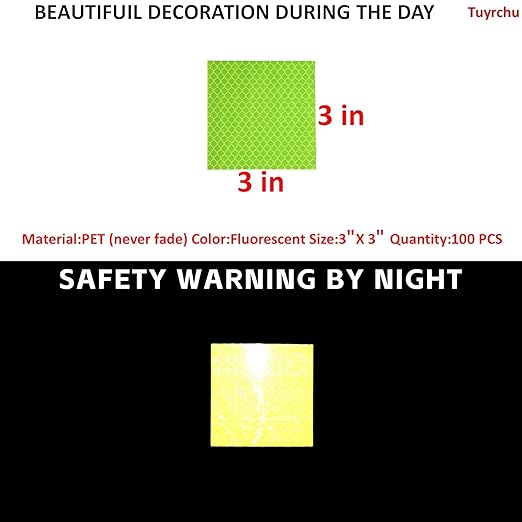 Non Fading Fluorescent Yellow Reflective Stickers 3 inch X 3 inch, Outdoor Waterproof High Visibility Safety Adhesive Reflector (100 Pcs)