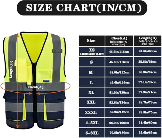 Yellow Navy High Visibility reflective Safety Vest with 4 Reflective Strips 7 Pockets 4xl-5xl