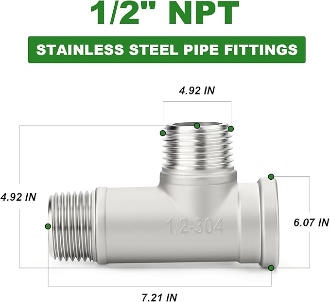 TAISHER 5PCS 304 Stainless Steel Tee Pipe Fittings, 1/2" NPT Female x 1/2" NPT Male x 1/2" NPT Male Extension Pipe Fittings, Female Run Tee