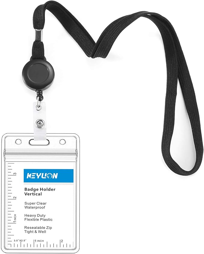 Cruise Flat Lanyard with Retractable Badge Reel & Heavy Duty Clear Vertical ID Card Name Badge Holder (Black,3 Pack)