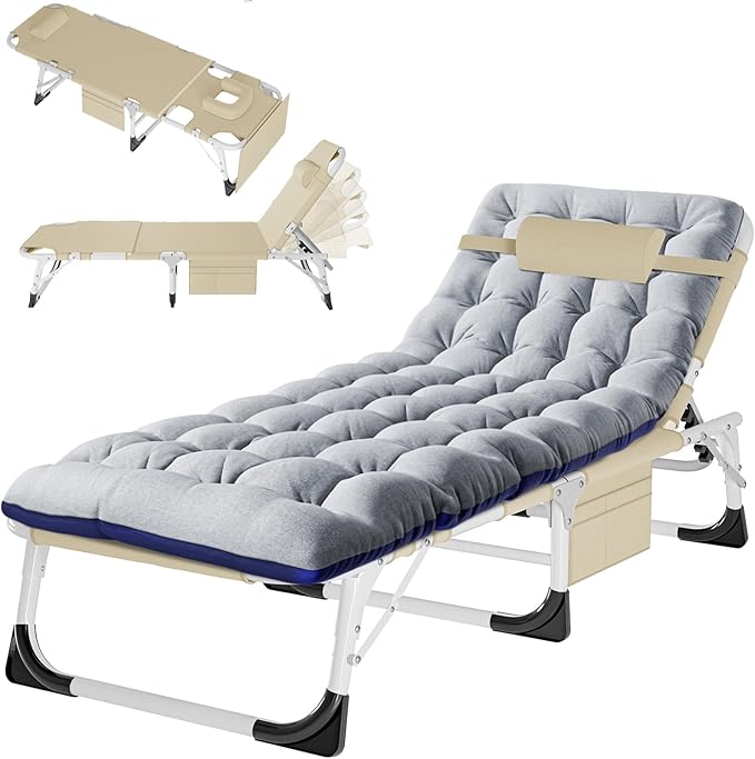ABORON Patio Lounge Chair, Folding Guest Bed Cot for Adults, 500LB Heavy-Duty Capacity, Portable Extra Bed with Comfort Mat, Quick Fold Design for Indoor Guest Stays & Temporary Use