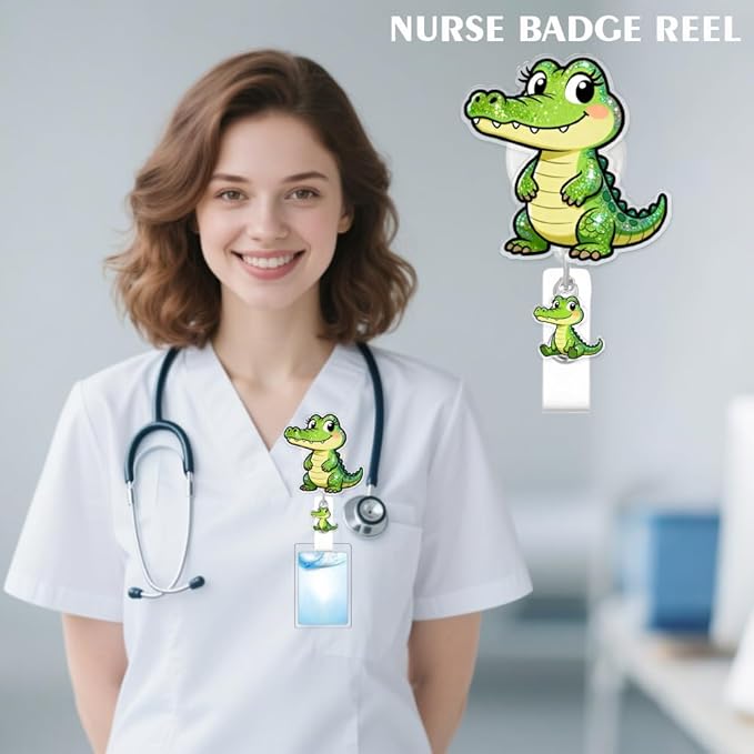 Cute Crocodile Badge Reel for ID Card, Funny Green Crocodile Retractable Nurse Alligator Clip Badge Reel for Women, ID Name Tag Badge Holder for Office School Hospital Nurses Doctors Teachers