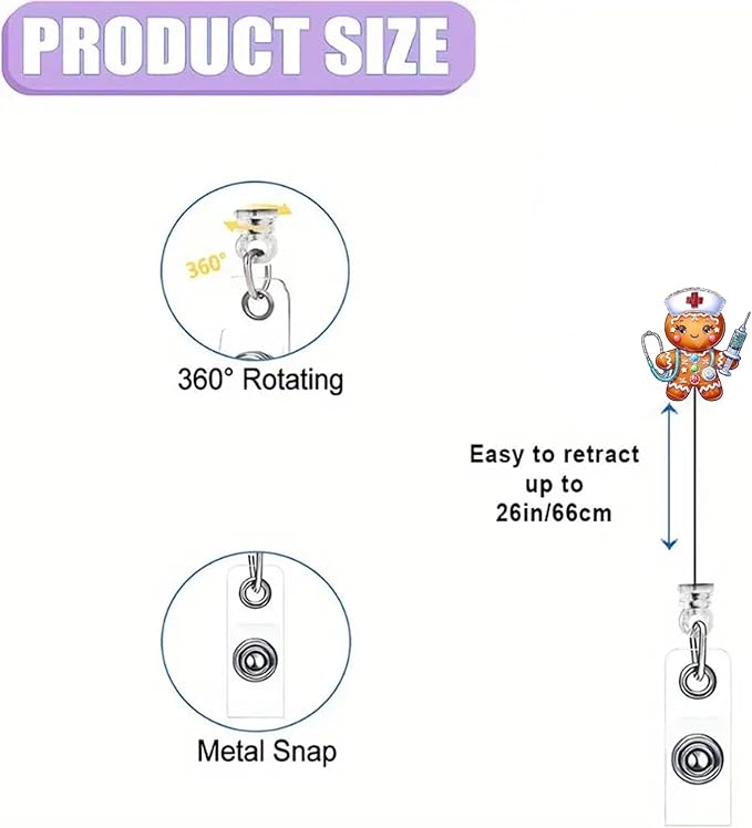 Christmas Gingerbread Man Badge Reel with Retractable Auscultation Nurse Badge Clip Christmas Badge Holder ID Card Name Tag Decor for RN CNA LPN Medical Worker | with 24” Durable Nylon Cord