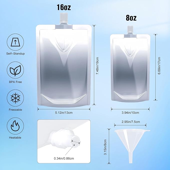 16OZ 50PCS Drink Pouches,Reusable Plastic Flask with Funnel for Drinking Liquid Juice,Stand Up Drink Bags for Travel Camping Outdoor Sport Concert Events,Leak-Proof Food Grade