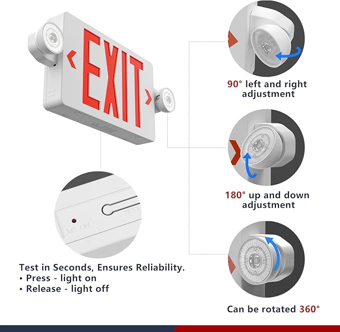 Exit Sign with Emergency Lights,LED Emergency Exit Light with Battery Backup,AC 120/277V, Commercial Emergency Lights Combo for Business Wall Or Ceiling Mount ETL Listed 1 Pack