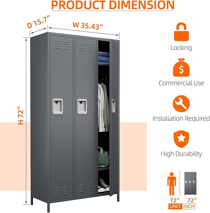 Metal Lockers with 3 Doors, 72" Tall Locker for Employees, Home Office School Gym, Assembly Required, 3 Doors, Dark Gray