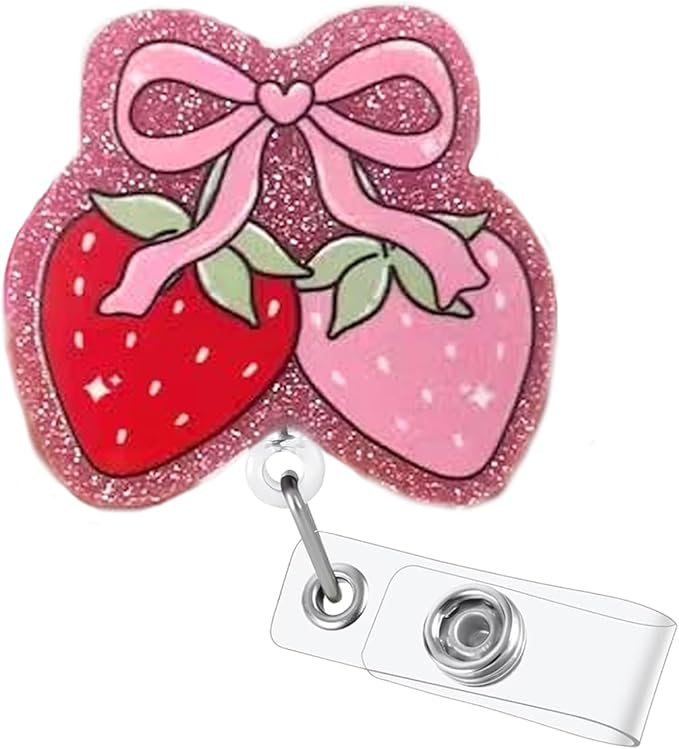 Cute Strawberry Bow Badge Reel Pink Glitter Acrylic Badge Clip for Nurse Nursing Name Tag Accessories Strawberry Badge Holder with Alligator Clip & 24” Durable Nylon Retractable