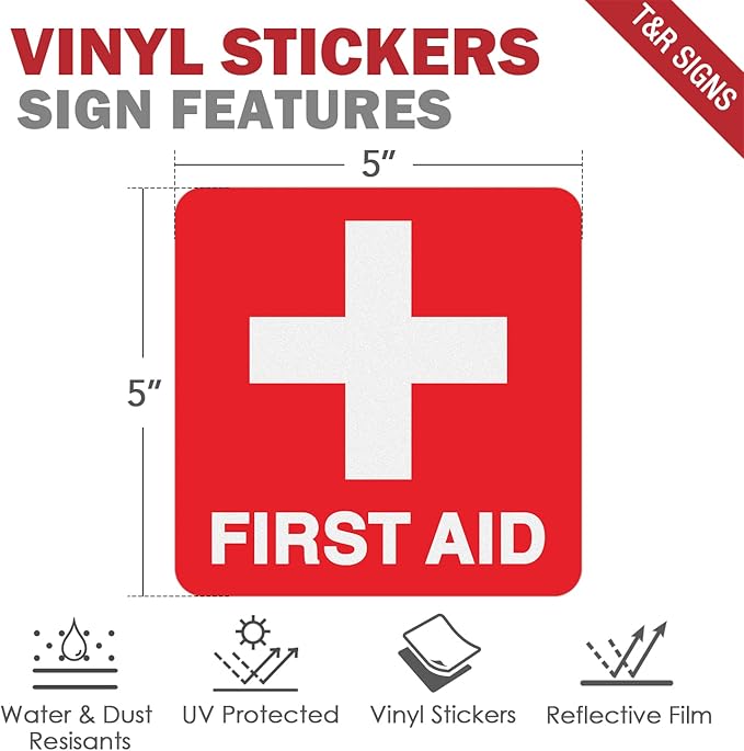 T&R First Aid Stickers, First Aid with Cross Symbol - 10 Pack - 5 x 5 Inches Reflective Label, UV Resistant, Waterproof, Fade and Scratch Resistant, Suitable for Indoor and Outdoor