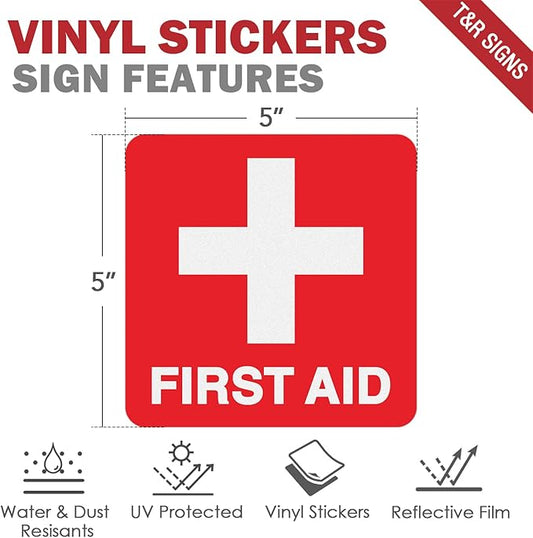 T&R First Aid Stickers, First Aid with Cross Symbol - 10 Pack - 5 x 5 Inches Reflective Label, UV Resistant, Waterproof, Fade and Scratch Resistant, Suitable for Indoor and Outdoor