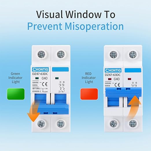 40 Amp Miniature DC Circuit Breaker 500V 2 Pole, Solar PV Disconnect Switch with Thermal Magnetic Trip, DIN Rail Mount Isolator C40